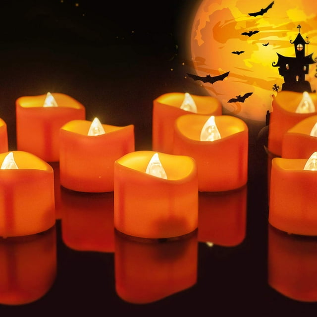 Homemory Halloween 24 Pack Orange Tea Light Candles, Battery Operated