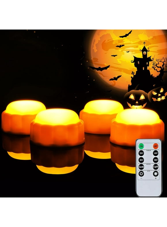 Homemory Halloween Bright LED Pumpkin Lights with Remote Control and Timers, Jack O’ Lantern Lights Battery Operated for Halloween, Fall Decorations, Orange, Outdoor, Set of 4