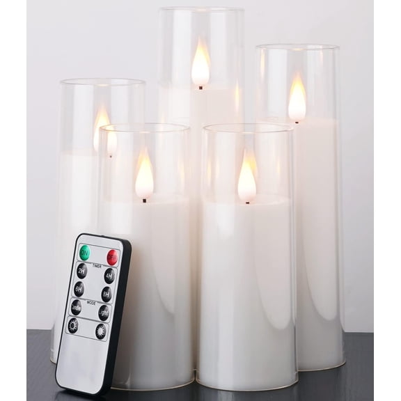 Homemory Flameless Pillar Candles Pure White Acrylic Battery Operated Flickering LED with Remote Control Timer 3D Wick Set of 5
