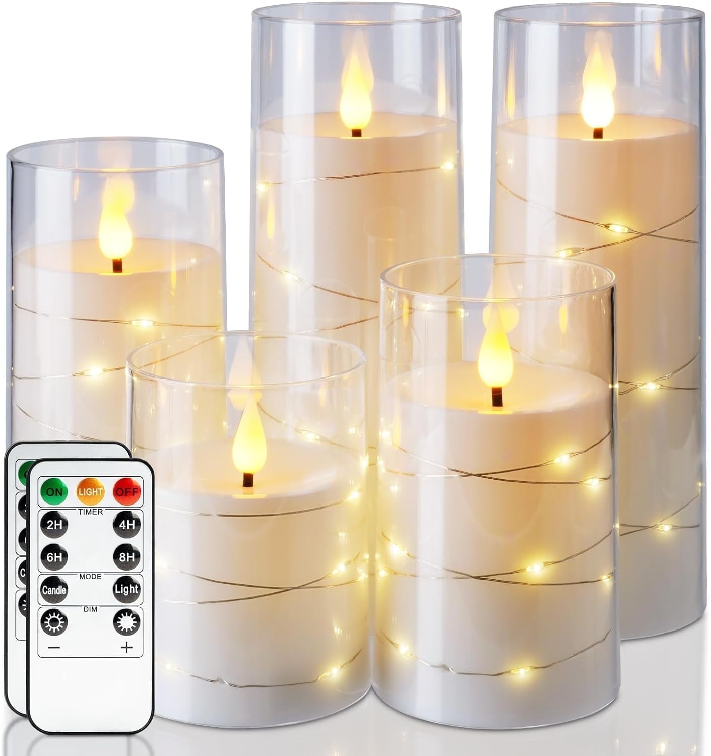 Homemory Pure White Flameless Candles with Embedded Star String Fairy Lights, Battery Operated Candles, LED Candles, Fake Candles with Remote Control and Timer, Set of 5(H4 5" 6" 8" 8")
