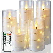 Homemory Pure White Flameless Candles with Embedded Star String Fairy Lights, Battery Operated Candles, LED Candles, Fake Candles with Remote Control and Timer, Set of 5(H4 5" 6" 8" 8")