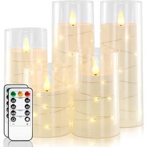 Homemory Pure White Flameless Candles with Embedded Star String Fairy Lights, Battery Operated Candles, LED Candles, Fake Candles with Remote Control and Timer, Set of 5(H4 5" 6" 8" 8")