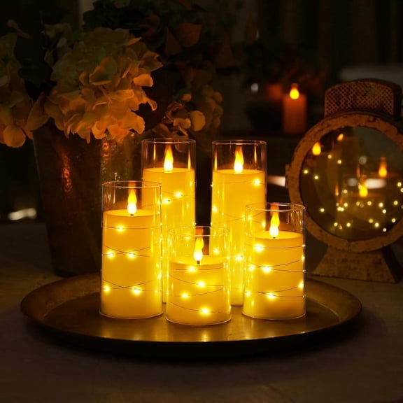 Homemory Pure White Flameless Candles with Embedded Star String Fairy Lights, Battery Operated Candles, LED Candles, Fake Candles with Remote Control and Timer, Set of 5(H4 5" 6" 8" 8")