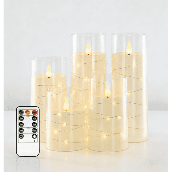 Homemory Pure White Flameless Candles with Embedded Star String Fairy Lights, Battery Operated Candles, LED Candles, Fake Candles with Remote Control and Timer, Set of 5(H4 5" 6" 8" 8")