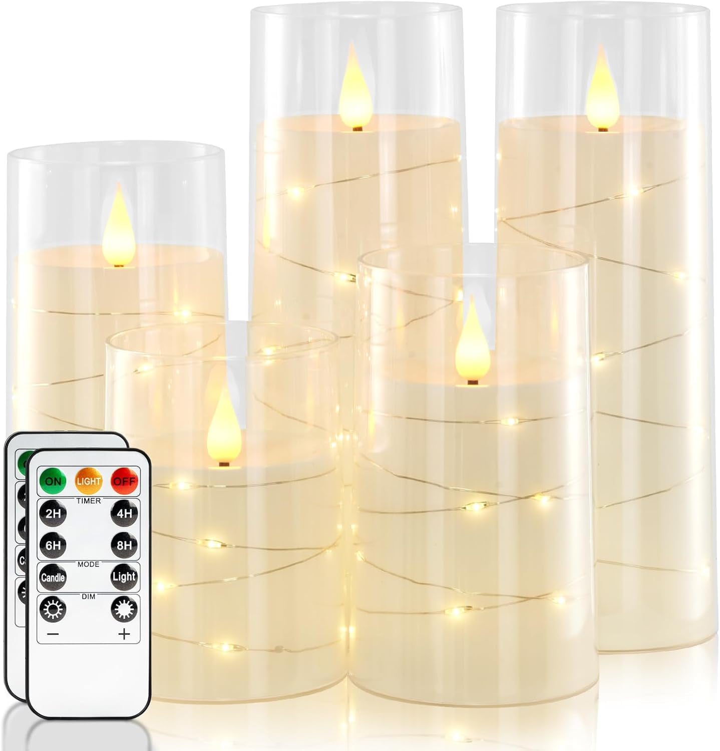 Homemory Pure White Flameless Candles with Embedded Star String Fairy Lights, Battery Operated Candles, LED Candles, Fake Candles with Remote Control and Timer, Set of 5(H4 5" 6" 8" 8")