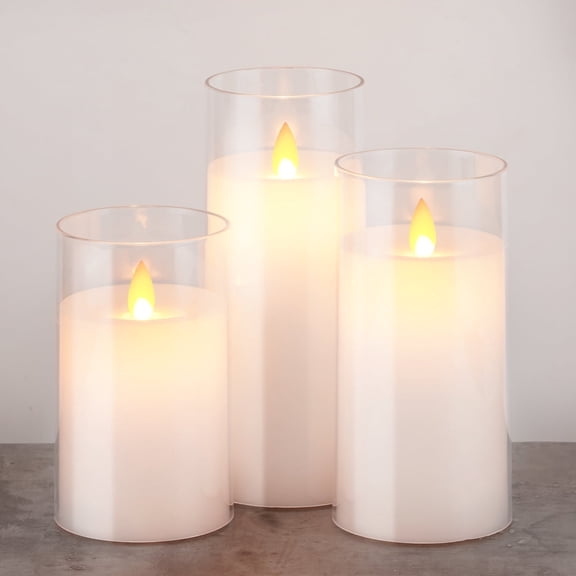 Homemory Pure White Flickering Flameless Candles, Battery Operated Acrylic LED Pillar Candles with Remote Control and Timer, 3"x 5"6"7", Set of 3