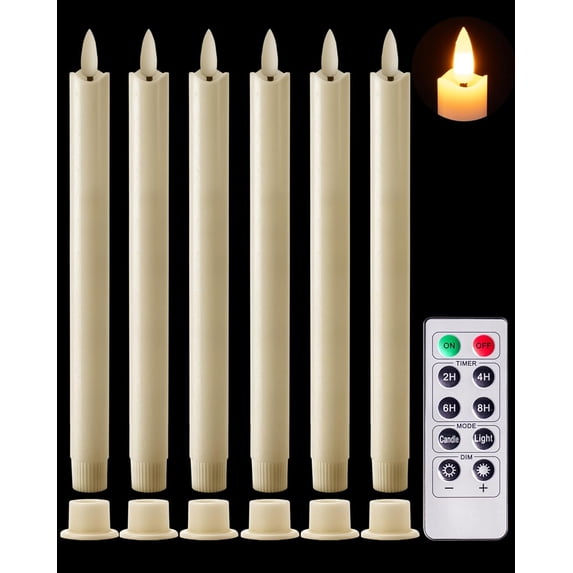 Homemory Real Waxy Flameless Taper Candles with Remote Timer, LED Candlesticks Flickering, Battery Operated Candles, 9.6 Inches for Home Christmas Wedding Celebration Decor, Ivory, Pack of 6