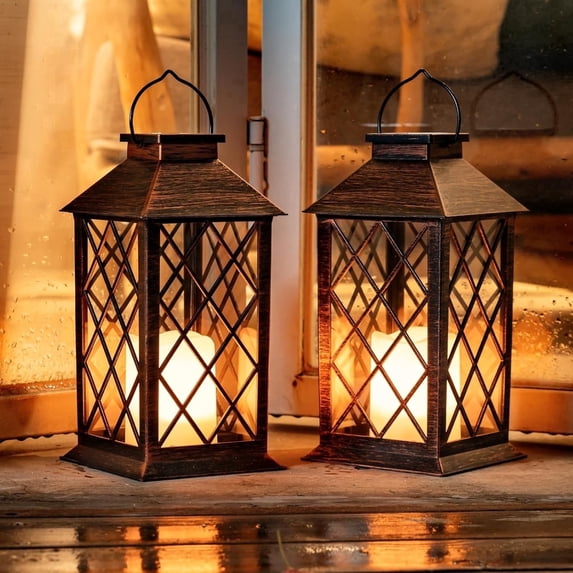 Solar Lanterns Outdoor Waterproof Hanging with Flickering Flameless Candles, 2 Pack 13'' Garden Outdoor Lantern Decorative for Patio Front Porch Backyard Balcony Cabin Outside