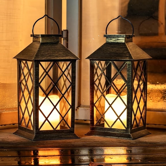 Solar Lanterns Outdoor Waterproof Hanging with Flickering Flameless Candles, 2 Pack Garden Outdoor Lantern Decorative for Patio Front Porch Backyard Balcony Cabin Outside (Bronze)