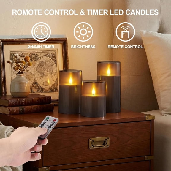 Homemory Upgraded Flickering Flameless Candles with Realistic Dancing Flame, LED Candles, Battery Operated Candles with Remote and Timers, Grey Acrylic, Outdoor Waterproof, Set of 3