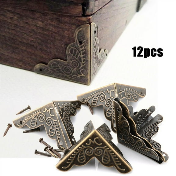 Homena 12pc Wooden Case Edge Cover Corner Protector Guard Nails Home Furniture Corner Bracket Antique Brass Jewelry Wine Box Decoration