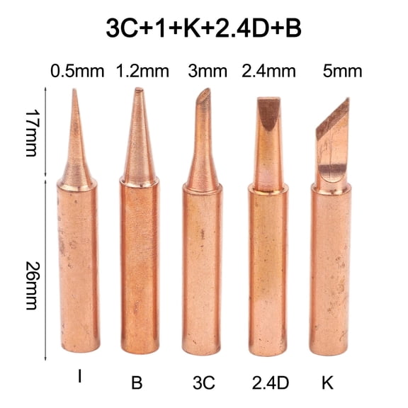 Homena 5pcs Soldering Iron Tips Copper 43mm Long Set 3C I K 2 4D B for Precision Work