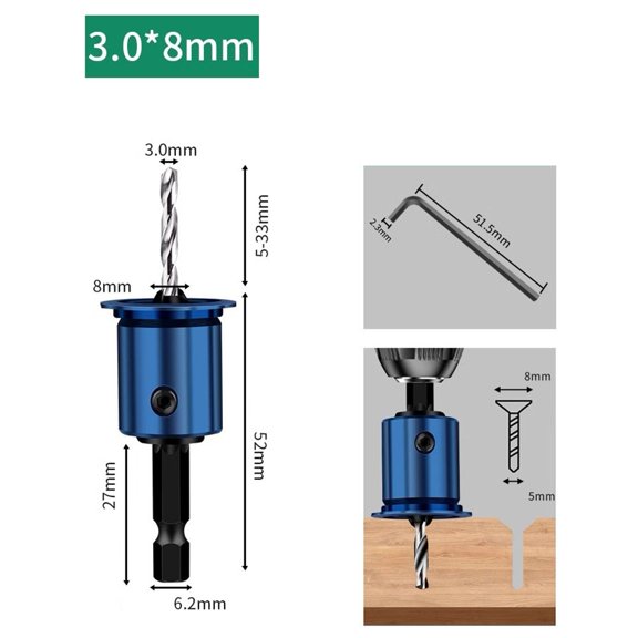 Homena 8mm Rod Chamfer Boring Tool Metal Stop Collar Milling Cutter Carpentry Accessory DIY Wood Crafting Pre-drilling Guide Hole Maker
