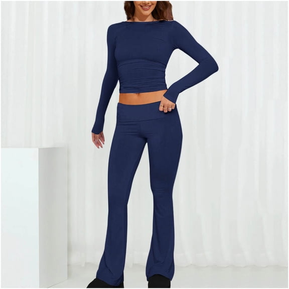 Homenesgenics 2-Piece Lounge Set Women Casual Solid Color Fitting Round Neck Top and Pants Long Sleeved Set Suit Blue S