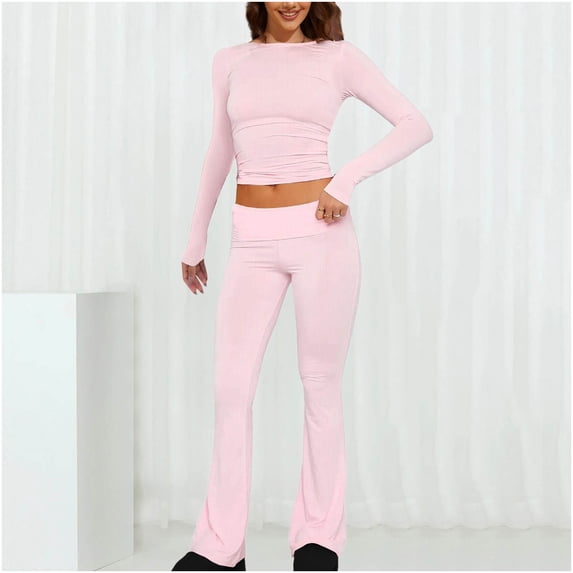 Homenesgenics 2-Piece Lounge Set Women Casual Solid Color Fitting Round Neck Top and Pants Long Sleeved Set Suit Pink M
