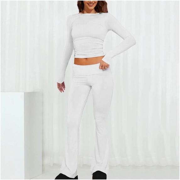 Homenesgenics 2-Piece Lounge Set Women Casual Solid Color Fitting Round Neck Top and Pants Long Sleeved Set Suit White S