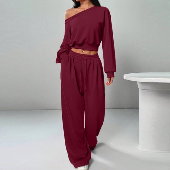 Homenesgenics 2-Piece Lounge Set Women Fashion Winter Solid Color Leisure Comfortable one-line Collar Loose Tight Waist Pull Rope Pocket Long Sleeve Loose Trousers Suit Red XL