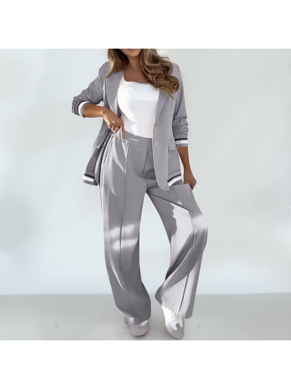 2-Piece Lounge Set Women'S Solid Color Patchwork Casual Ribbed Suit Jacket Pant Suit Gray XXL