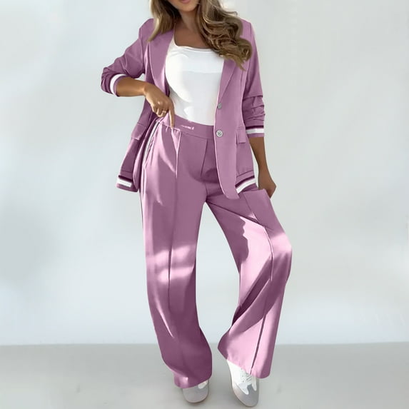 Homenesgenics 2-Piece Lounge Set Women'S Solid Color Patchwork Casual Ribbed Suit Jacket Pant Suit Pink M