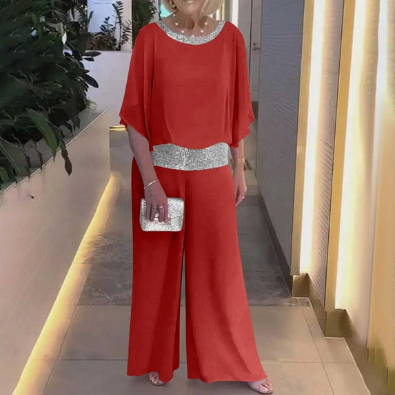 Homenesgenics 2-Piece Lounge Set Women'S Spring/Summer Round Neck Loose Short-Sleeved Sequined Broad-Leg Pantsuit Red XXXL