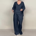 thumbnail image 1 of Homenesgenics 2-Piece Lounge Set Women'S Spring and Summer Solid-Color V-Neck Mid-Sleeve Top with Straight Pocket Pants Casual Set Blue XXL, 1 of 8
