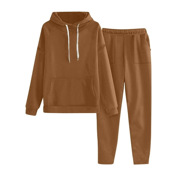 Homenesgenics 2-Piece Lounge Set Women Solid Color Drawstring Hooded Pocket Long Sleeved Pants Hooded Set Brown S