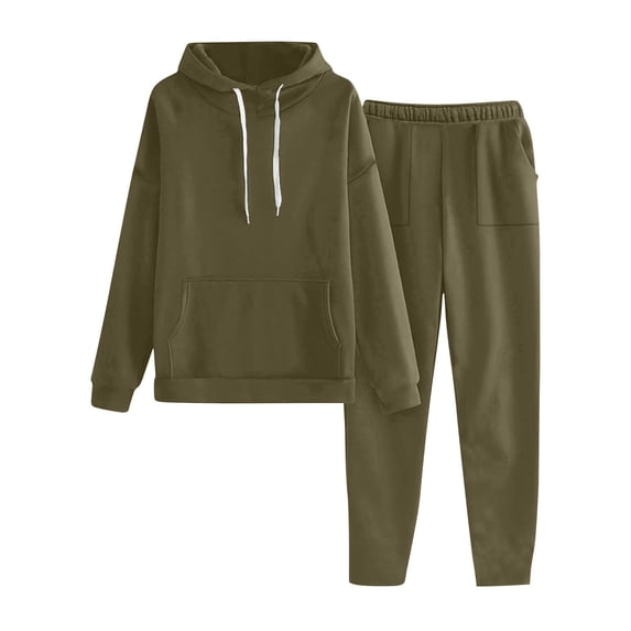 Homenesgenics 2-Piece Lounge Set Women Solid Color Drawstring Hooded Pocket Long Sleeved Pants Hooded Set Green XL