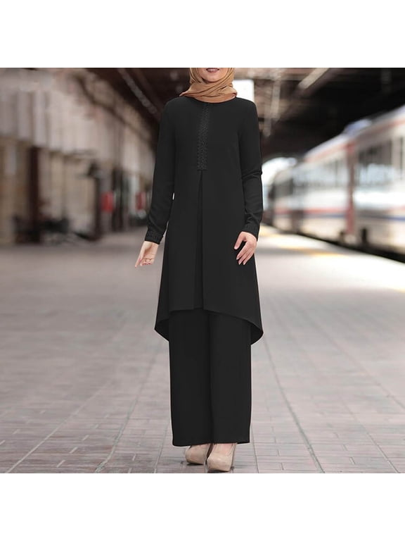 2-Piece Lounge Set Women Spring Solid Color Muslim Solid Color Long Sleeve Shirt Coat Wide Leg Trousers Casual Suit Black XXL