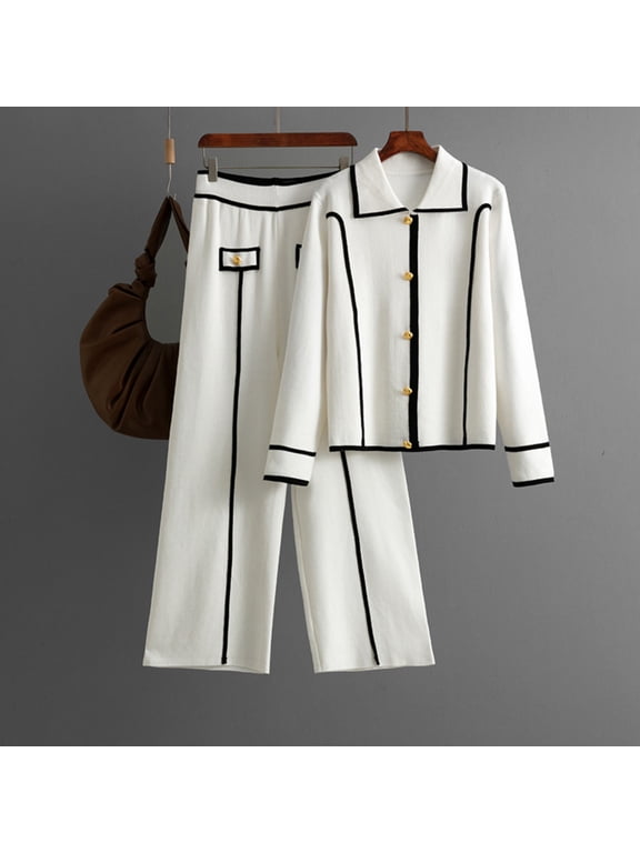 2-Piece Lounge Set Women's Casual Elastic Waist Pants Pullover Sweater Tops Turndown Collar Long Sleeves Blouse Two Piece Set Knitted Suit White Free Size