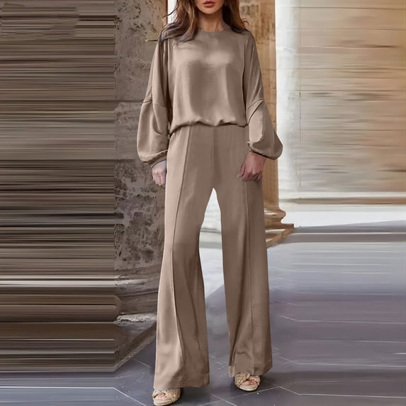 Homenesgenics 2-Piece Lounge Set Women's Fashion Two Piece Solid Color and Linen Loose Casual Suit Brown M