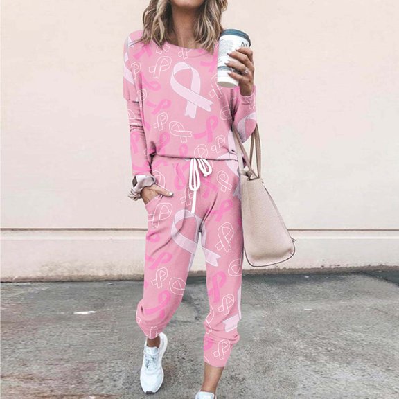 Homenesgenics 2-Piece Lounge Set Women's Fashionable Loose Printed Long Sleeved Round Neck Drawstring Casual Set Pink L