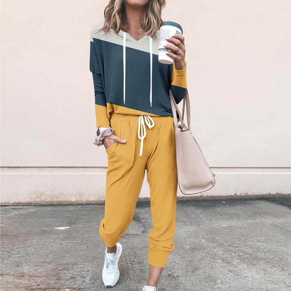 Homenesgenics 2-Piece Lounge Set Women's Hooded Drop-shoulder Sleeve Elastic Waist Drawstring Pockets Long Pants Set Blue XL