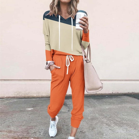 Homenesgenics 2-Piece Lounge Set Women's Hooded Drop-shoulder Sleeve Elastic Waist Drawstring Pockets Long Pants Set Orange XL