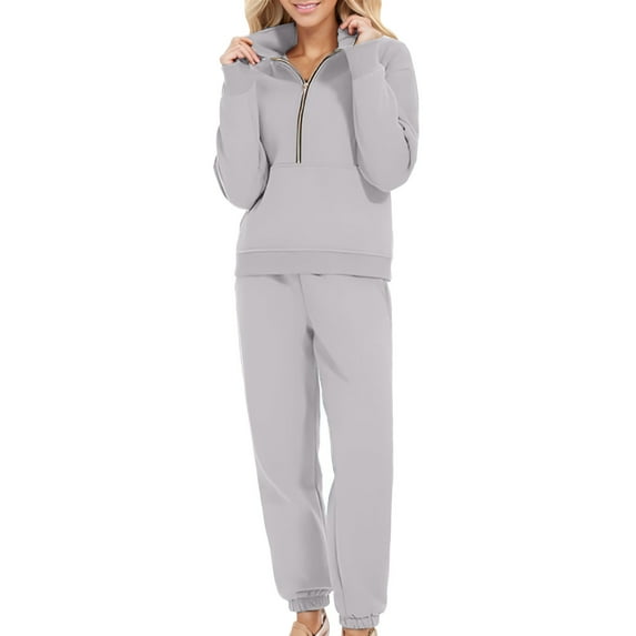 Homenesgenics 2-Piece Lounge Set Women's Loose Casual Sports Zipper Sweatshirt Pocket Sweatpants Two-piece Set Gray S