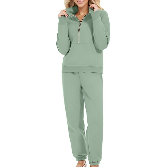 Homenesgenics 2-Piece Lounge Set Women's Loose Casual Sports Zipper Sweatshirt Pocket Sweatpants Two-piece Set Green XS