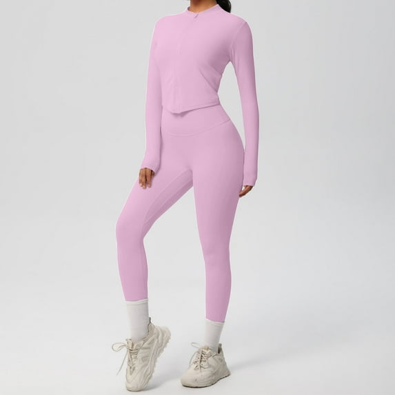 Homenesgenics 2-Piece Lounge Set Women's Solid Color Fitness Zipper Jacket Tight High Waist Hip Lifting Yoga Pants Outdoor Running Sports Set Pink XL