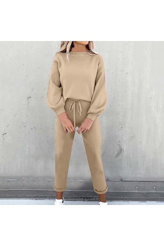 2-Piece Lounge Set Women's Solid Color Round-Neck Long Sleeve Elastic Waist Pockets Long Pants Sets Brown S