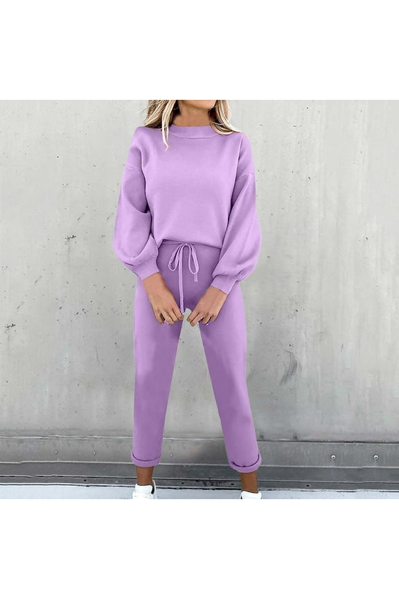 2-Piece Lounge Set Women's Solid Color Round-Neck Long Sleeve Elastic Waist Pockets Long Pants Sets Purple M