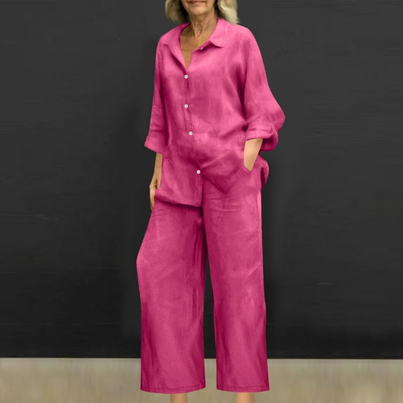 Homenesgenics 2-Piece Lounge Set Women's Spring and Summer V-Neck Loose Lapel Long Sleeved Shirt Wide Leg Pants Color Set Pink S