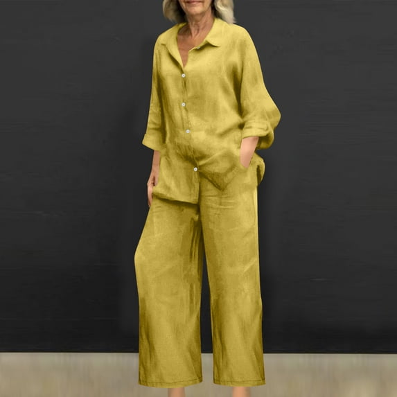 Homenesgenics 2-Piece Lounge Set Women's Spring and Summer V-Neck Loose Lapel Long Sleeved Shirt Wide Leg Pants Color Set Yellow XXL
