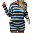 thumbnail image 1 of Homenesgenics 2-Piece Lounge Set Women's Striped Knitted Long Sleeved Round Neck Top+pants Set Blue S, 1 of 6