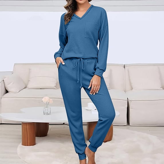 Homenesgenics 2-Piece Lounge Set Womens Knit Pajamas Sets Two Piece Outfits Sets Sleepwear Loungewear Pjs Long Sleeve and Pants Blue M