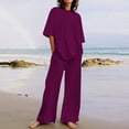 thumbnail image 1 of Homenesgenics 2 Piece Outfit for Women Plus Size Summer Women's Casual Shoulder Sleeved Short Sleeved Round Neck Top/Loose Straight Tube with Pocket Long Pants Set Purple XXXXL, 1 of 5