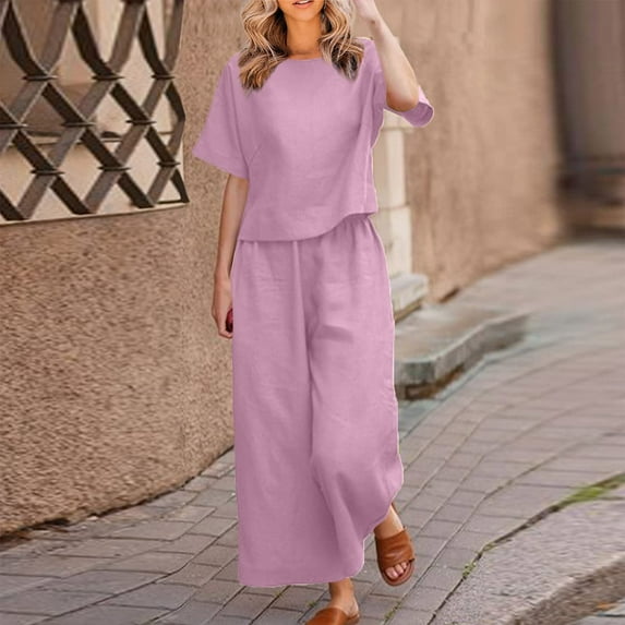 Homenesgenics 2 Piece Outfit for Women Plus Size Fashion Women Summer Solid Round-Neck Casual Short SLeeve Top+ Pant Set Pink M