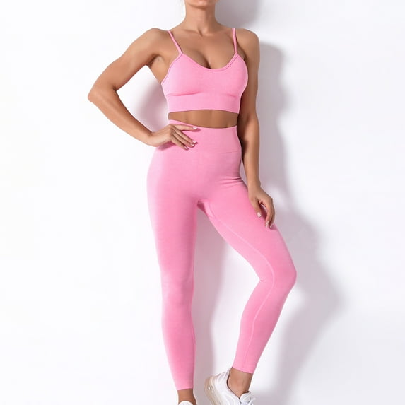 Homenesgenics 2 Piece Outfit for Women Plus Size Ladies Seamless Hollow Yoga Sleeveless Yoga Suit Sports Fitness Running Yoga Set Pink S