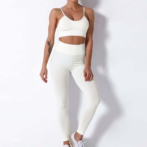 Homenesgenics 2 Piece Outfit for Women Plus Size Ladies Seamless Hollow Yoga Sleeveless Yoga Suit Sports Fitness Running Yoga Set White L