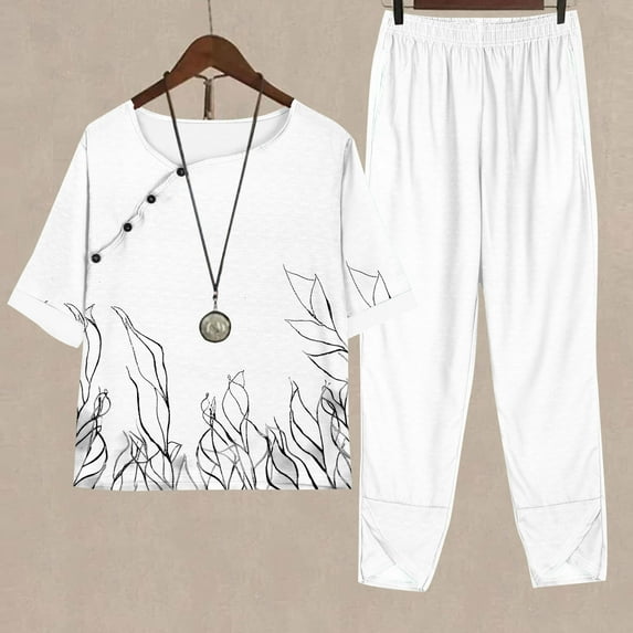 Homenesgenics 2 Piece Outfit for Women Plus Size Women Fashion Print Casual Loose Fitting Round Neck Short Sleeve Top Pants Two-piece Set White M