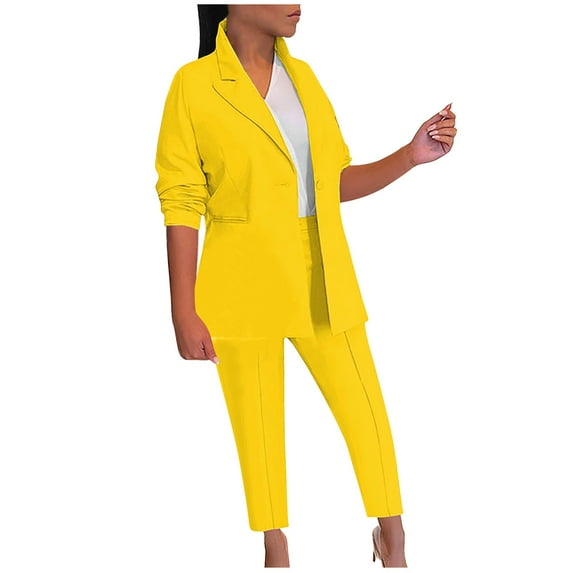 Homenesgenics 2 Piece Outfit for Women Plus Size Women Temperament Solid Shirt Collar Long Sleeved Pocket Less Top Extended Pants Set Yellow M