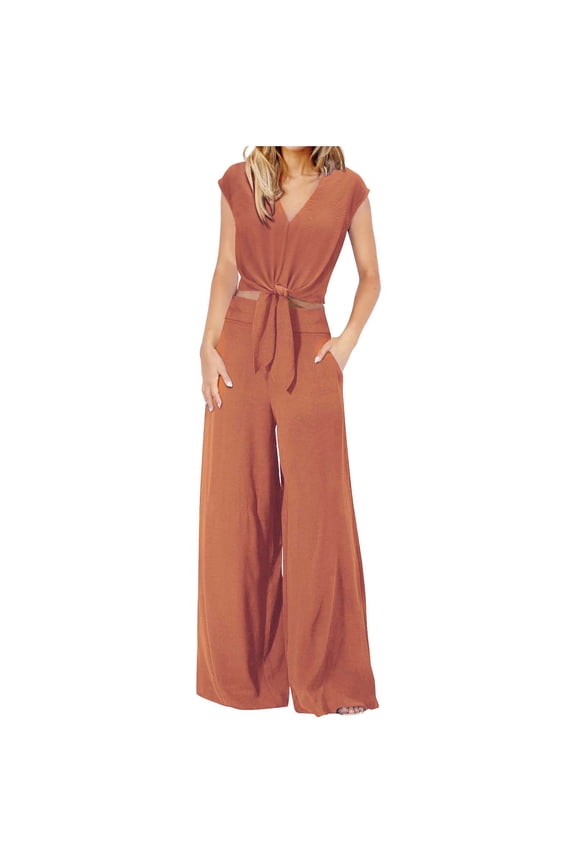 2 Piece Outfit for Women Plus Size Women's Casual V-Neck Long Sleeved Lace Up Exposed Navel Top Wide Leg Pants Set Orange M