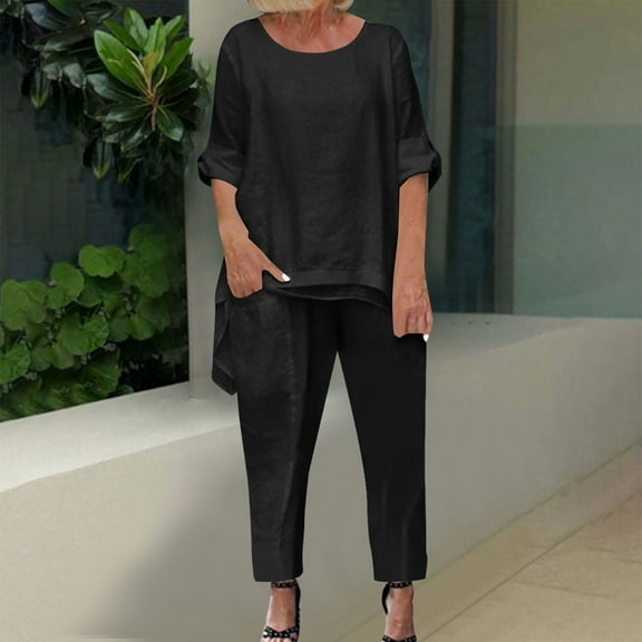 Homenesgenics 2 Piece Outfit for Women Plus Size Women's Solid Color Round Neck Short Sleeve and Pants Sets with Pockets Black XL